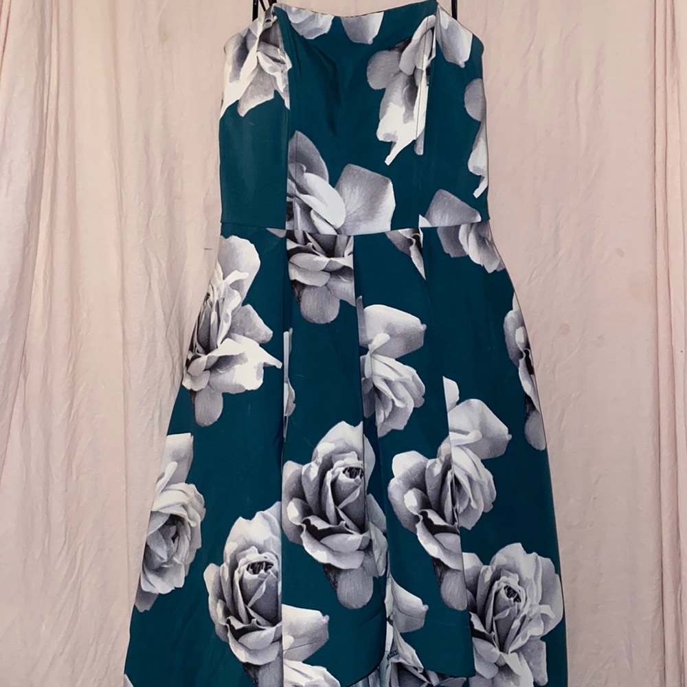 Green and grey rose strapless prom dress.